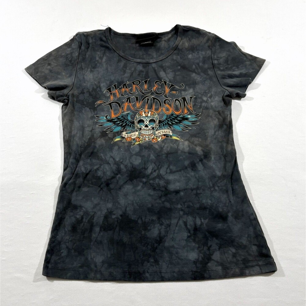 Harley Davidson Gray Shirt Womens Graphic Print Short Sleeve Scoop Tee Sz S USA